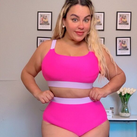 Bikini Set Two Piece High Waisted Scoop Neck Swimsuit Plus Size Pink Purple NEW - Picture 8 of 12